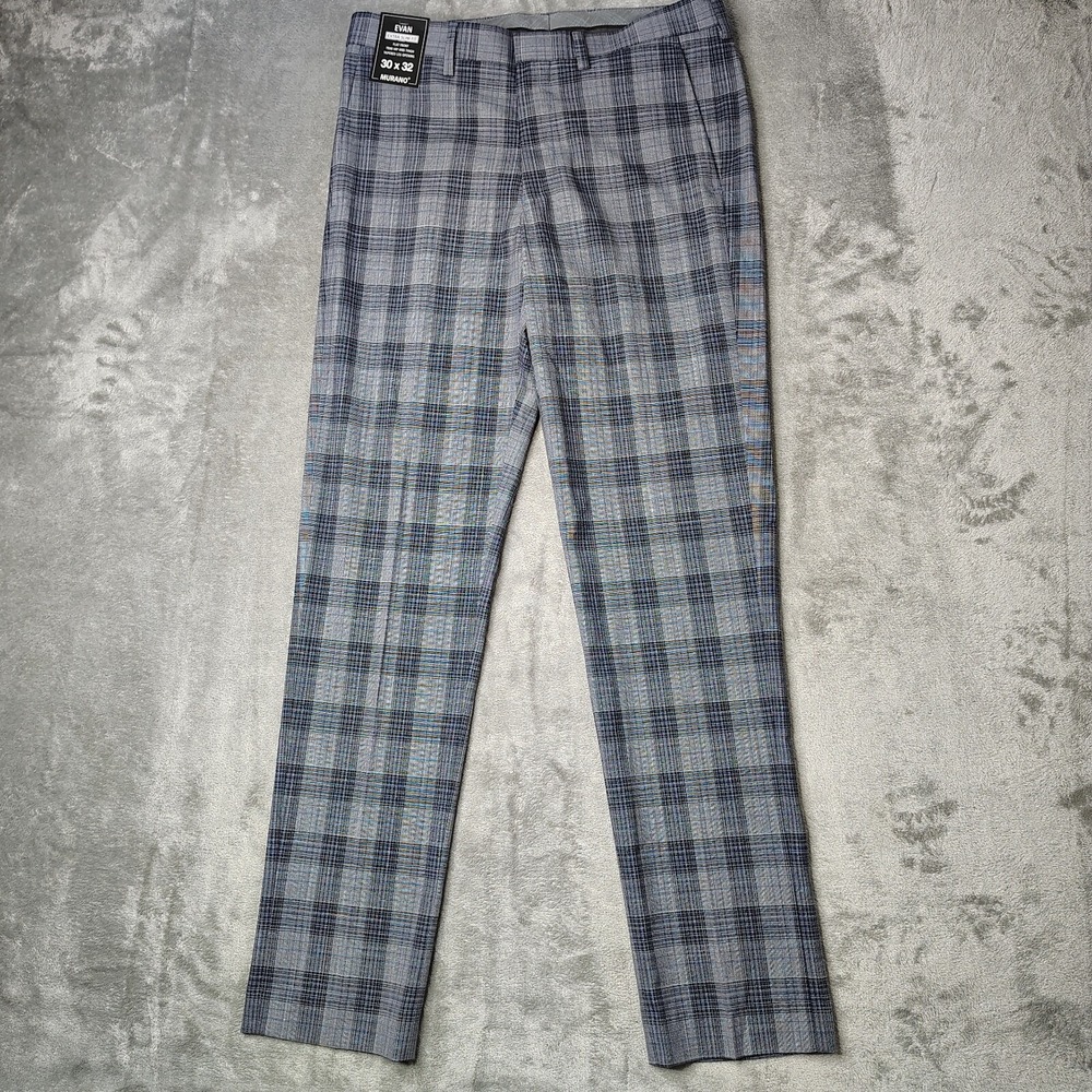 Murano Evan Dress Pants Mens 30x32 Grey Plaid Extra Slim Fit Flat Front Tapered